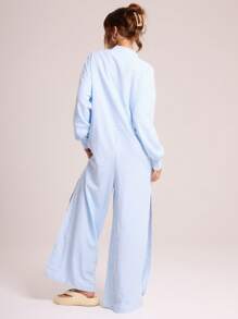 MUSERA Extreme Wide Leg Long Sleeve Button Down Front Jumpsuit Boho Elegant Summer Vacation - Blue - View 2