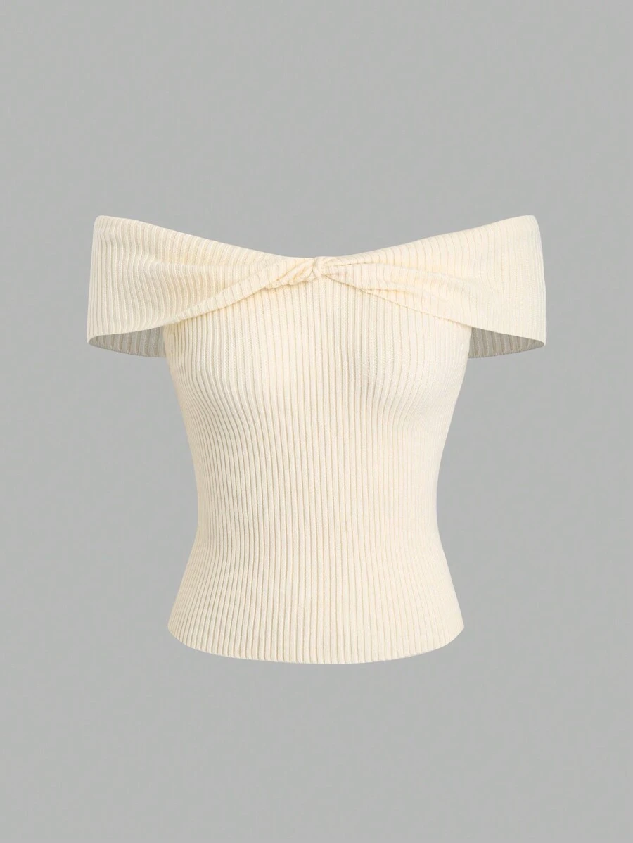 SHEIN Unity 女款純色針織露肩日常穿著上衣 - 杏色 - 查看 1