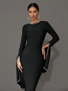Modphy 新款圆领喇叭袖串珠弹力性感紧身长款绷带连衣裙，正式伴娘婚礼派对礼服，适合女士节日开斋节庆典、晚会、婚礼宾客 - 黑色 - 查看 7