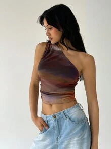 SHEIN EZwear 女款隨機印花簡約日常斜肩上衣 - 棕色 - 查看 3