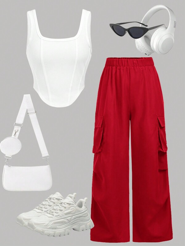 SHEIN Conjunto de 2 piezas para adolescente con top de cuello alto sin mangas con cintura fruncida y dobladillo curvado, pantalones cargo casuales estilo urbano, atuendo para crucero