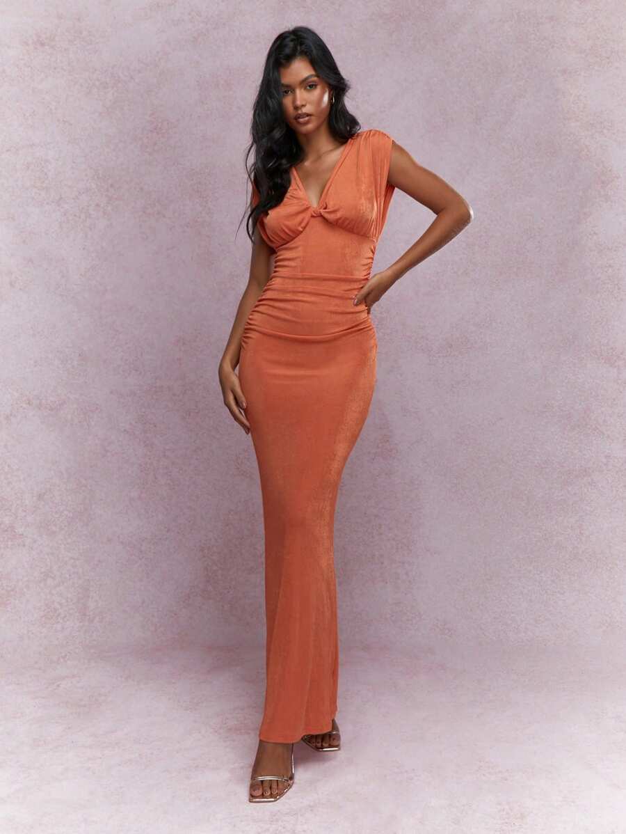 MISSGUIDED Textured Shimmer Plunge Neck Ruched Maxi Dress - Orange - View 1