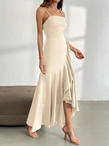 Firerie Women's Asymmetrical Hemline Spaghetti Strap Dress With Ruffle Trim - Apricot - View 5