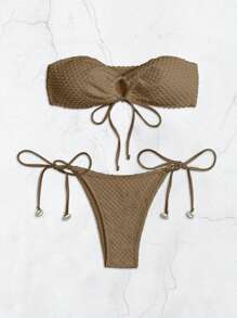 SHEIN Swim Women's Summer Beach Solid Color Strapless Hollow-Out Bandeau Bikini Set - Mocha Brown - View 4