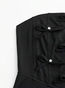SHEIN Unity 女款純色褶皺、鑽石和蝴蝶結裝飾的露肩夏季裙 - 黑色 - 查看 3