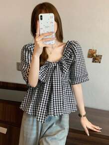 FRIFUL SHEIN X AYA NAKAMACHI Ladies' Plaid Printed Short Sleeve Shirt With Bow Decoration, Summer - Black and White - View 1