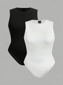 SHEIN EZwear 2pcs Casual Plus Size Bodysuit In Simple Solid Color, Suitable For Summer Suitable For Going Out - Multicolor - View 1