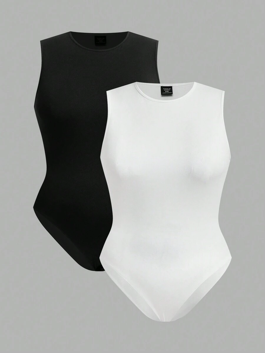 SHEIN EZwear 2pcs Casual Plus Size Bodysuit In Simple Solid Color, Suitable For Summer Suitable For Going Out - Multicolor - View 1