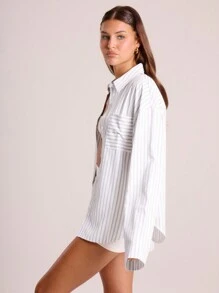 MUSERA Áo sơ mi công sở kẻ sọc, vai rớt, túi vá, thích hợp cho mùa xuân hè, lễ Phục sinh, ngày lễ. - Nhiều màu - Xem 3