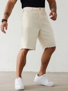 Manfinity Homme Men's Plus Size Simple Daily Wear Solid Color Denim Shorts - Beige - View 4