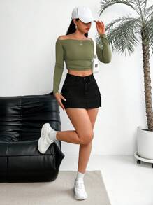 SHEIN PETITE 女款純色簡約日常牛仔裙，適合嬌小女性 - 黑色 - 查看 4