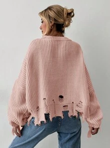 EURMUSE Drop Shoulder Distressed Trim Sweater - Pink - View 2