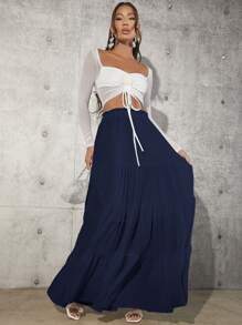 SHEIN Tall Ladies' Summer Casual Solid Color Skirt - Navy Blue - View 7
