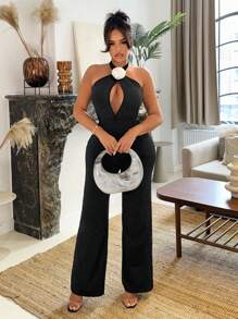 SHEIN X KAREN BARRERA SHEIN SXY Summer Date Solid Color Sticker Hollow Out Halter Neck Sexy Sleeveless Jumpsuit - Black - View 4