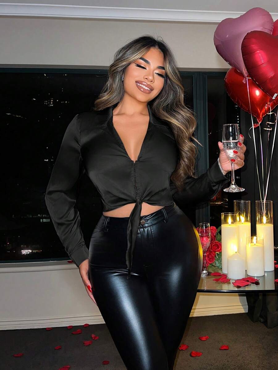 SHEIN SXY 女士纯色纽扣结休闲长袖衬衫、长袖上衣 - 黑色 - 查看 1
