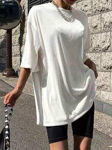 INAWLY Plus size dames los casual T-shirt met ronde hals en verlaagde schouder korte mouwen voor de zomer
