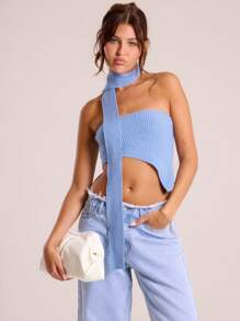 MUSERA Bandeau Style Top Asymmetric Hem With Thin Tie Neck Scarf Summer Pastel - Blue - View 1