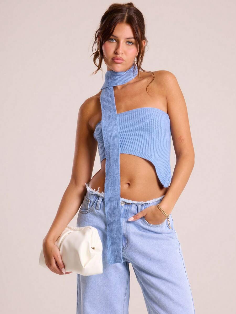 MUSERA Bandeau Style Top Asymmetric Hem With Thin Tie Neck Scarf Summer Pastel - Blue - View 1