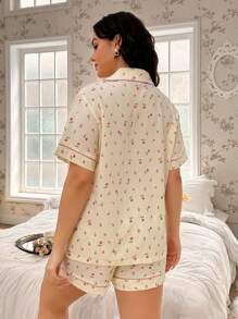 CottageSlumber Plus Ditsy Floral Print Contrast Piping PJ Set / Pajama Set Cozy And Elegant Details - Beige - View 3