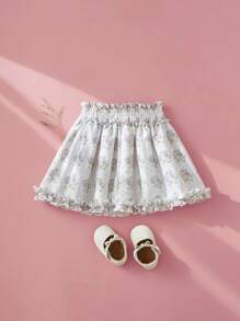 SHEIN Young Girls Getaway Style Digital Print Floral Shirred Waist Tiered Ruffle Hem A-Line Mini Skirt - White - View 2