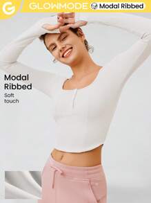 GLOWMODE 極經典輕盈的磨砂木質紋理長袖彎曲下擺短式上衣,附手指孔設計 - 白色 - 查看 1