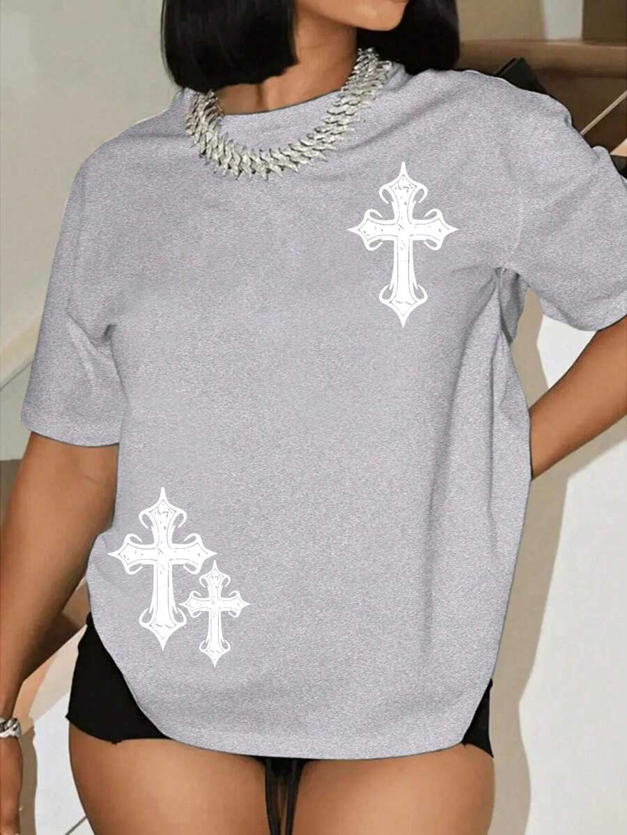 Maweii Summer Fashion Cross Print Round Neck T-Shirt Graphic Tees Women Tops - Grey - View 1