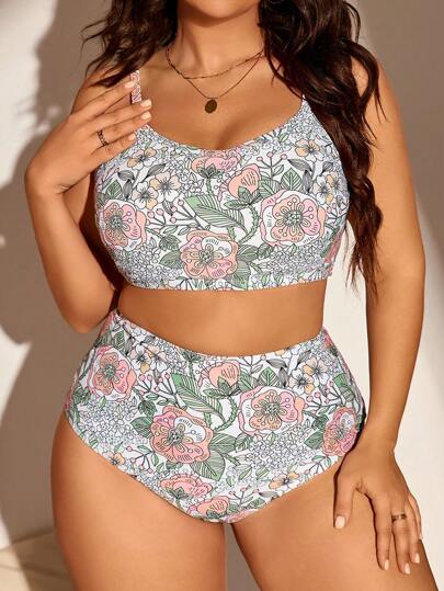 Swim Lushoire Plus Size Floral Printed Bikini Set For Beach Vacation, Including Bikini Set And Swim Trunks Summer Beach