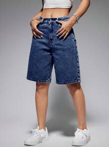 SHEIN EZwear 女士休閑百搭格紋丹寧短褲，帶口袋設計 - 深色水洗藍 - 查看 4