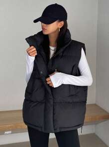 DAZY Women's Sleeveless Vest With Pockets, Black, Winter Women Clothes, Padded Coat Women