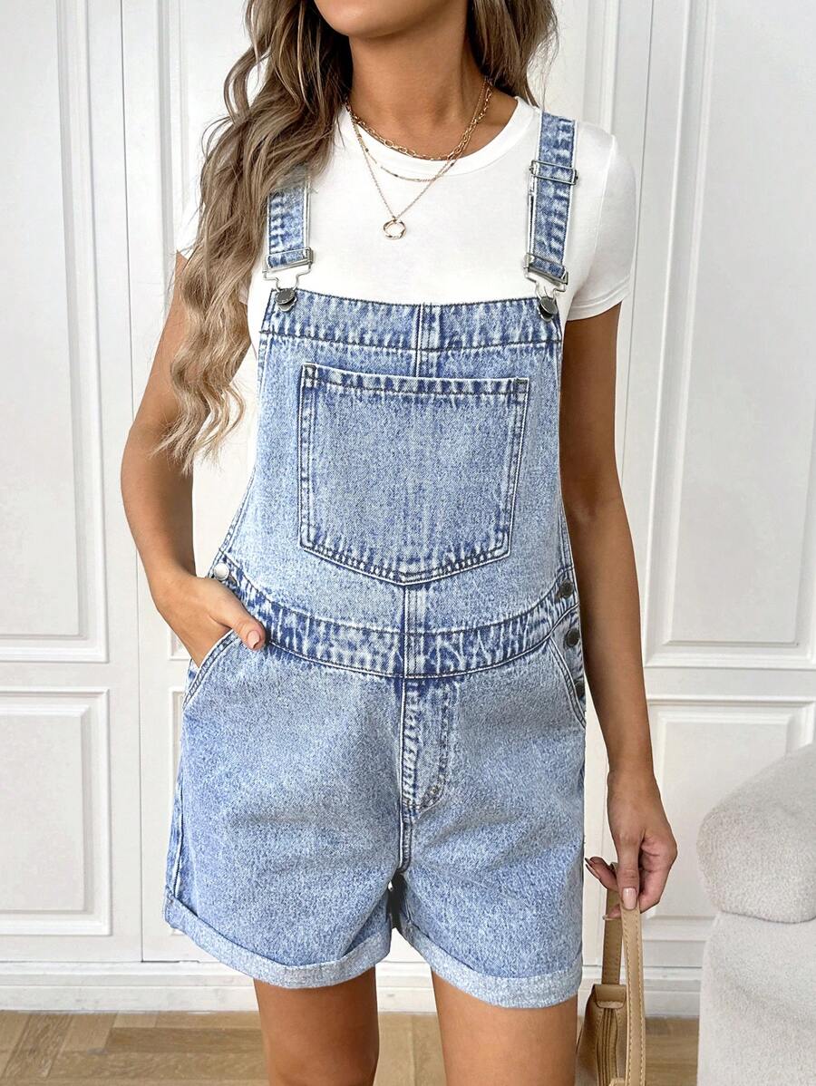 SHEIN 孕婦夏季休閒水洗牛仔背帶褲 - 淺色水洗藍 - 查看 1