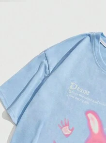 ROMWE MEN Grunge Punk 男士夏季宽松休闲 T 恤，带口号印花和圆领，学校 - 藍色 - 查看 4