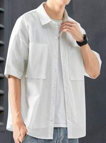 Manfinity Homme Men's Solid Color Short Sleeve Casual Shirt With Double Pocket, Summer - White - View 3