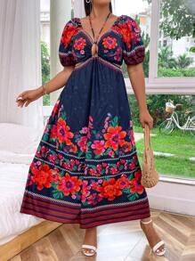 Flirla Plus Size Printed Hollow Out Dress For Vacation - Black - View 7