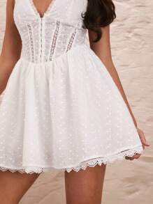 SHEIN BAE Women's White Jacquard Embroidered V-Neck Sweet And Elegant French-Style Vacation A-Line Dress, Perfect For Dating Or Wedding - White - View 4