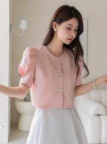 DAZY 1pc Women's Solid Color Short Sleeve Blouse, Simple & Fashionable Casual Shirt For Everyday Wear, Valentine's Day Summer