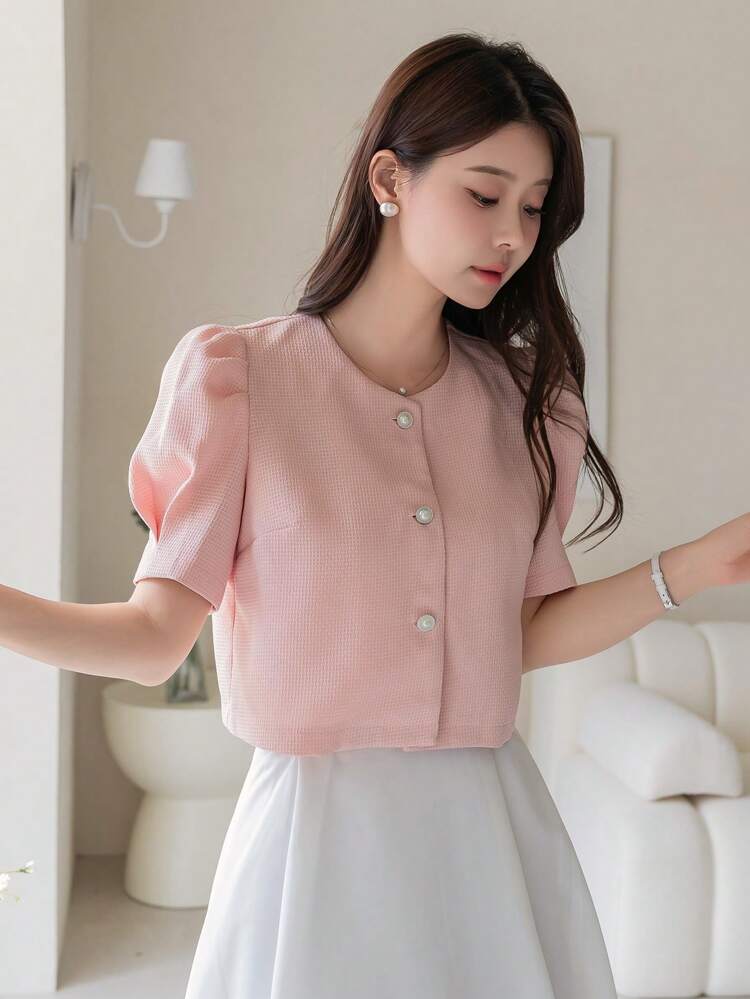 1pc Women's Solid Color Short Sleeve Blouse, Simple & Fashionable Casual Shirt For Everyday Wear, Valentine's Day Summer