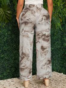 SHEIN SXY Women's Holiday Abstract Printed Drawstring Waist Wide Leg Pants - Khaki - View 2