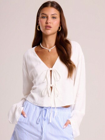 MUSERA Bluse mit Bindung vorne, weite Langarm, Frühling Sommer Kapselgarderobe Alltagsoutfit Flughafen Urlaub, Süß