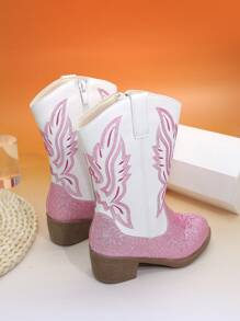 Kids' Embroidered High Heel Western Cowboy Boots, Girls' Tall/Mid Calf Boots, Pointed Toe With Side Zipper - Pink - View 5