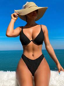 Swim Vcay Women's Solid Color Pleated Sexy Bikini Set For Summer Beach - Black - View 5