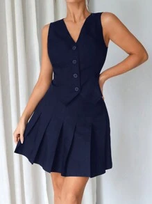 Firerie Women's Summer Casual Solid Color Front Button Vest And Pleated Skirt Set - Navy Blue - View 1