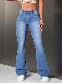 SHEIN Tall 女款口袋扇形牛仔褲，時尚百搭 - 藍色 - 查看 1