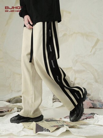  BJHG Men's Straight Wide-Leg Colorblock Casual Pants With Pockets