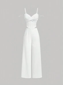 SHEIN MOD 白色夏季女士套装（珍珠肩带、重叠罩杯）、白色紧身胸衣上衣和高腰阔腿裤、老式风格套装、教师/学校商务休闲套装、秋冬女士套装、布里奇顿套装、婚礼套装