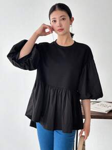 FRIFUL Women's Plain And Simple Short Sleeve Daily Shirt,Ruffle - Black - View 10
