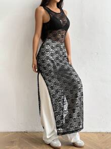 SHEIN Unity Summer Solid Color Round Neck Long Lace See-Through Split Hem Tank Top - Black - View 4