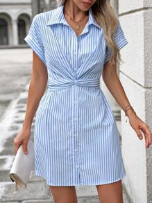 SHEIN LUNE 35+永齡休閒優雅度假風格扭結扣紐襯衫裙 - 藍白色 - 查看 4