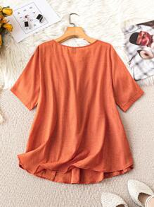SHEIN LUNE Plus Size Women's Loose Fit Casual Short Sleeve Round Neck Shirt For Summer - Orange - View 2