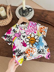 SHEIN Cool Girl, Personalized And Fashion, Young Girl's Casual Floral Graffiti Printed Simple Round Neck Short Sleeve T-Shirt, Suitable For Summer - Multicolor - View 1