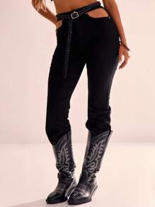 MUSERA 喇叭形牛仔西部风牛仔裤，侧边口袋镂空设计，90年代Y2K春夏可爱性感风 - 黑色 - 查看 5